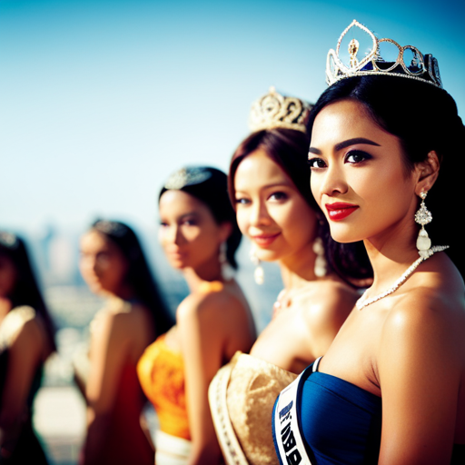 An image of a diverse group of women from various countries, wearing traditional and modern beauty pageant attire, standing together on a global stage