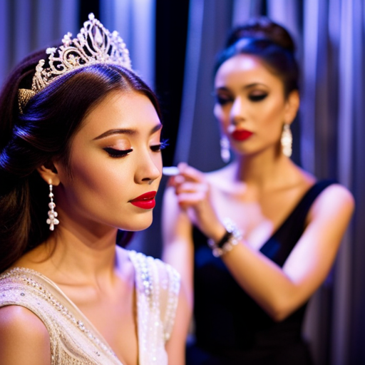the chaos and glamour of backstage at a beauty pageant as contestants prepare, stylists work their magic, and organizers ensure everything runs smoothly