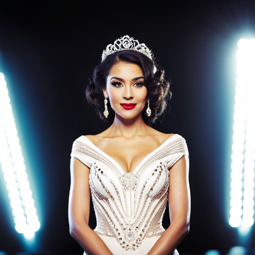 a woman standing tall and poised on a pageant stage, radiating confidence with a bright smile and strong eye contact