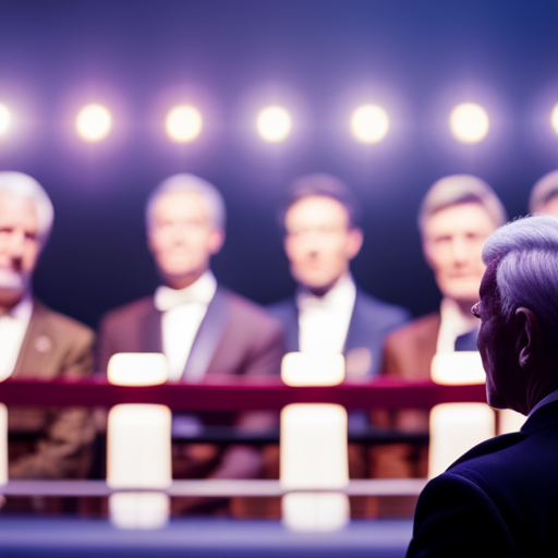 An image of a brightly lit stage with a row of famous celebrity judges sitting in high-backed chairs, their faces serious and contemplative as they watch the pageant contestants
