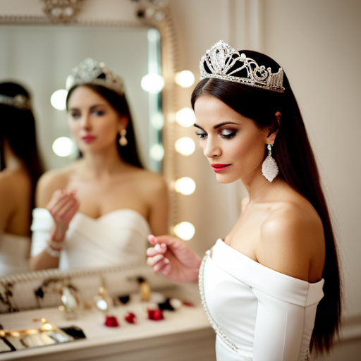 An image of a woman standing in front of a mirror, trying on various pageant accessories such as earrings, bracelets, and tiaras