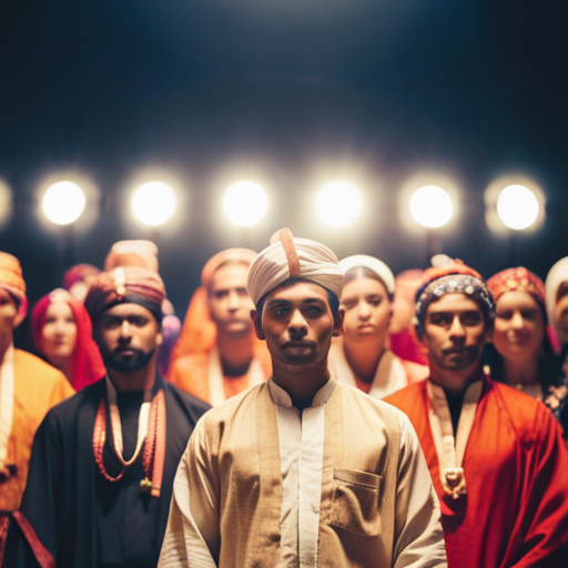 An image of a diverse group of individuals dressed in traditional clothing from different cultures, standing together on a stage with bright lights and a large audience in the background