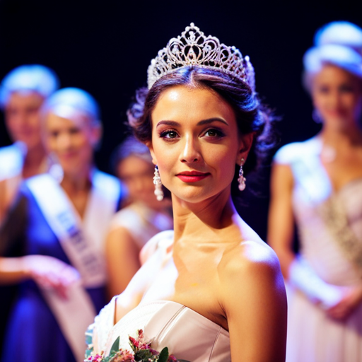 An image of a pageant participant confidently walking on stage, maintaining eye contact with the audience, and exuding warmth and charm through their body language and facial expressions