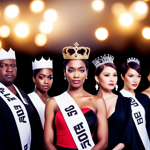 An image of a group of diverse women standing on a stage, each wearing a sash and crown, with a panel of judges looking on, capturing the spectacle and scrutiny of beauty pageants