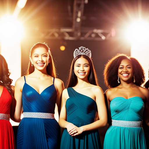 An image of a diverse group of pageant contestants of different ethnicities, body types, and abilities standing together on a stage, smiling and holding hands in solidarity