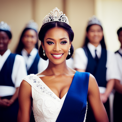 An image of a confident pageant contestant standing tall with a warm, genuine smile, making eye contact with the audience, and using open, welcoming body language