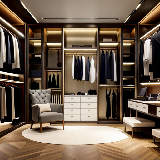 An image of a well-organized closet with a variety of elegant gowns, tailored suits, and statement accessories neatly displayed