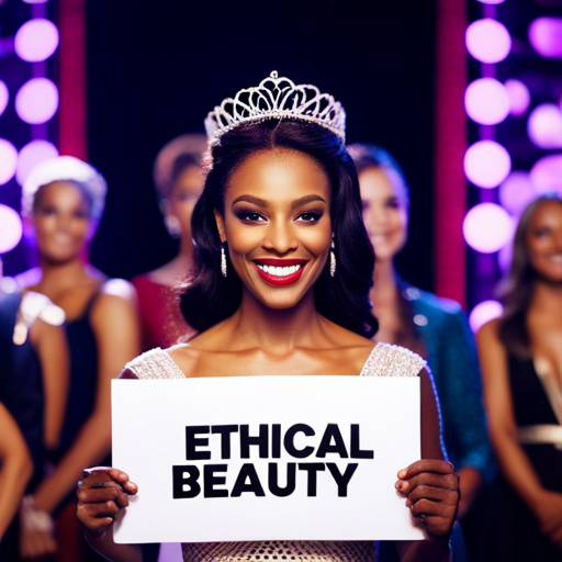 An image of a beauty pageant contestant smiling while holding a sign with the words "Ethical Beauty" written on it