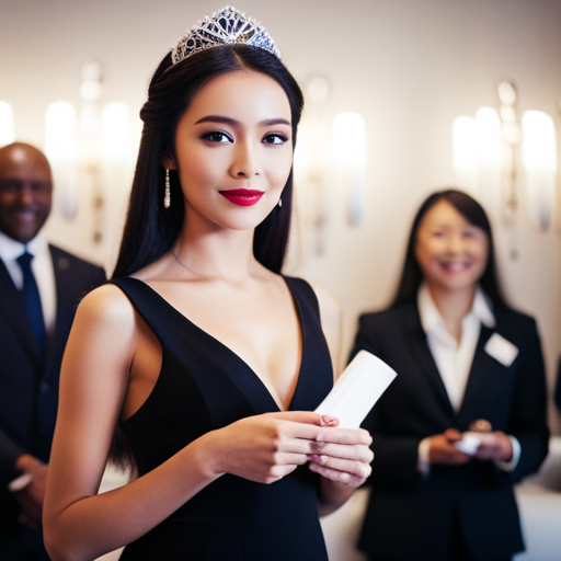 An image of a beauty pageant contestant receiving a sponsorship deal from a cosmetic company, surrounded by business executives and marketing materials