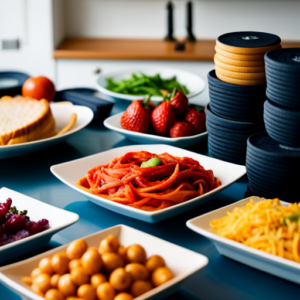 An image of a meal prep spread with colorful, nutrient-dense foods and a workout plan with weights, resistance bands, and yoga mat, all tailored for pageant contestants