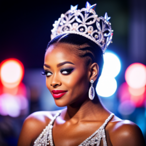 an image of a pageant contestant with a sleek, high ponytail adorned with sparkly hair accessories, perfectly coiffed curls cascading down her shoulders, and a crown atop her head