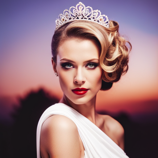 An image of a woman with long, sleek hair styled in a classic pageant updo, with elegant curls, and a sparkling tiara for a blog post about hairstyling tips for the perfect pageant look