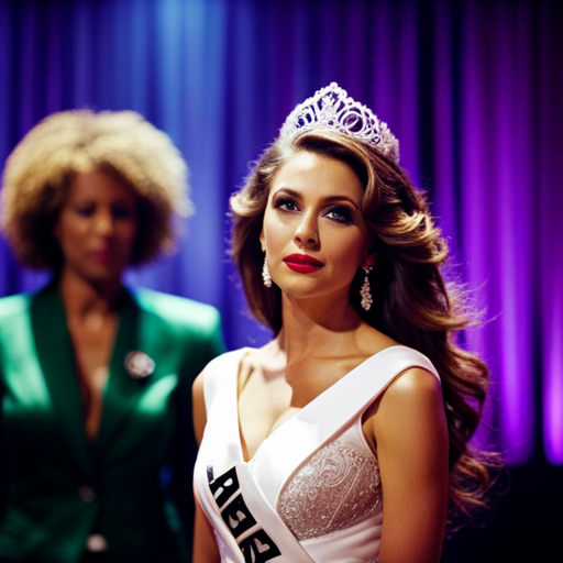 An image of a beauty pageant contestant receiving feedback from judges, showing her reaction and body language as she gracefully handles criticism with poise and confidence