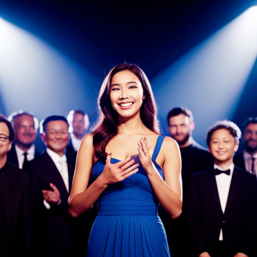 An image of a woman standing confidently on stage, smiling and waving to the audience, with a supportive group of friends and family cheering her on from the sidelines