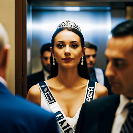 An image of a confident beauty pageant contestant standing in an elevator, engaging in conversation with a judge