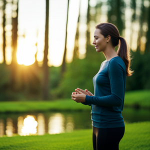 An image of a person practicing deep breathing exercises in a serene, natural setting