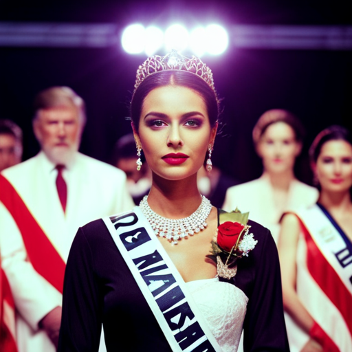 An image of a beauty queen standing on a political stage, surrounded by supporters and flashing cameras