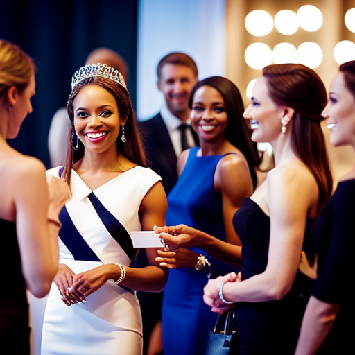 An image of a group of pageant contestants mingling at a networking event, exchanging business cards and engaging in deep conversations