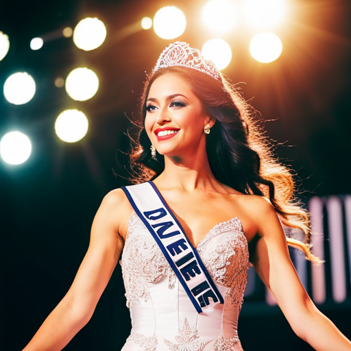 An image of a pageant contestant standing confidently on stage, smiling, and making eye contact with the audience