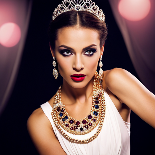 An image of a variety of pageant jewelry options displayed on a velvet backdrop, including statement earrings, sparkling necklaces, and shimmering bracelets