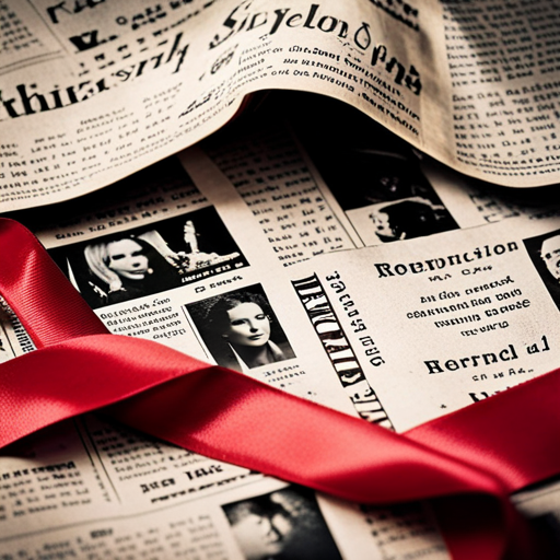 An image of a vintage beauty pageant sash tangled in a web of gossip and rumors, surrounded by old newspaper clippings and scandalous headlines