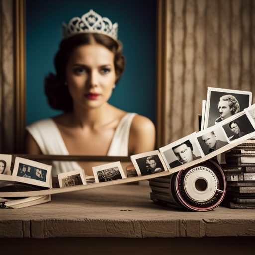 An image of a faded beauty queen sash, draped over a dusty, forgotten tiara on a shelf, surrounded by old photographs and memorabilia from past pageants