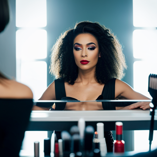 An image of a beauty queen sitting in front of a mirror, surrounded by makeup and hair styling tools, practicing her interview answers with confidence and poise