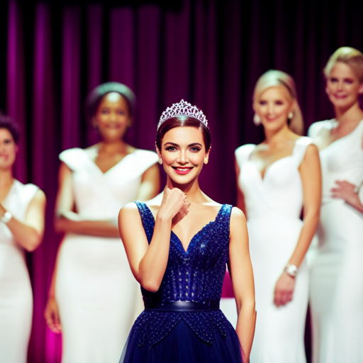 An image of a confident pageant contestant standing on stage, poised and smiling, with perfect posture and elegant hand gestures, captivating the audience with her presence and charisma