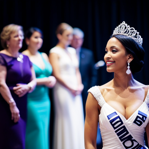 An image of a woman wearing a pageant gown, speaking to a diverse audience of judges, sponsors, and community members