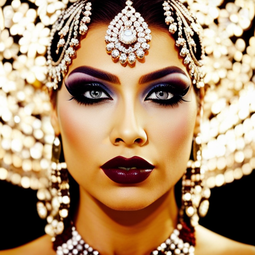 An image of a close-up shot of a beauty pageant contestant's face, with precise and intricate makeup application showcasing exaggerated eyelashes, bold eyeshadow, contoured cheekbones, and a perfectly lined lip