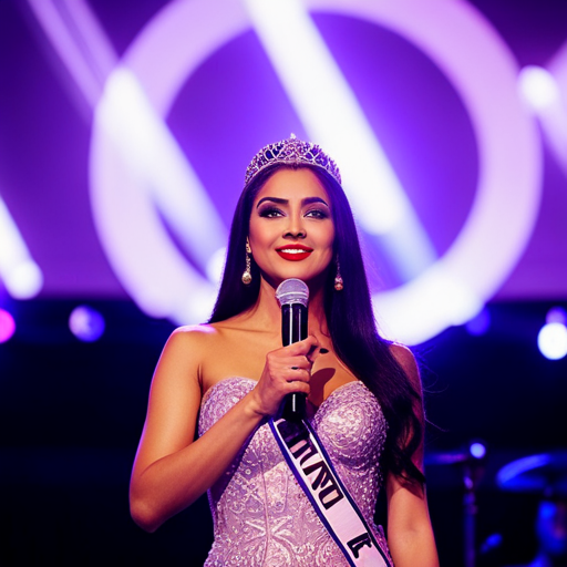 An image of a beauty pageant contestant on stage, captivating the audience with her expressive gestures and captivating facial expressions as she tells a story through her movements and expressions