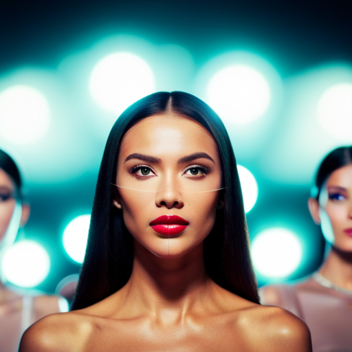 An image of a virtual beauty pageant, with contestants participating via hologram projections on a futuristic stage