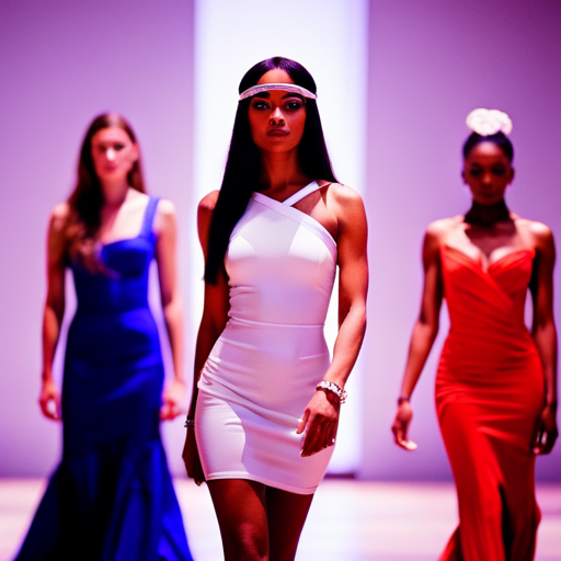 An image of a diverse group of women wearing futuristic pageant gowns, incorporating holographic fabrics, high-tech accessories, and innovative silhouettes