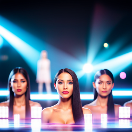 An image of a virtual beauty pageant stage with holographic contestants and judges, streaming live on digital platforms