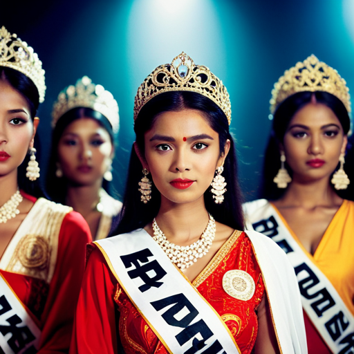 An image of a diverse group of beauty pageant contestants from different countries, each wearing traditional attire, standing in front of a backdrop of global issues such as poverty, pollution, and conflict