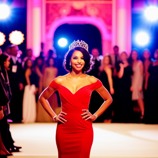 An image of a red carpet at a pageant event, with contestants wearing current fashion trends such as off-the-shoulder gowns, statement jewelry, and bold colors