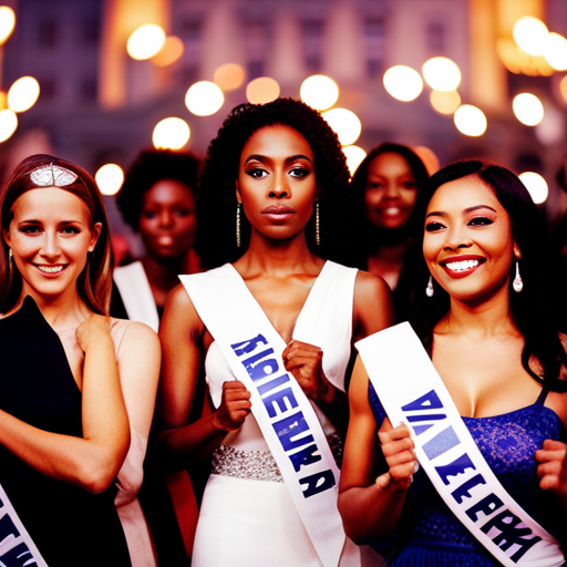 An image of a diverse group of women wearing sashes and holding signs with messages of empowerment and inclusion, standing in front of a pageant venue with a crowd of supporters cheering them on