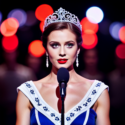 An image of a pageant contestant standing on stage, confidently delivering a speech with varying levels of volume, tone, and emotion in their voice