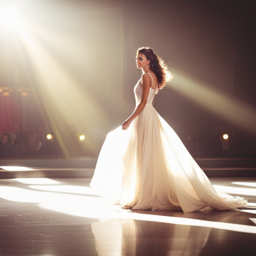 An image of a pageant contestant confidently walking across a stage in a flowing, elegant gown that complements her figure and allows her to move with ease and grace