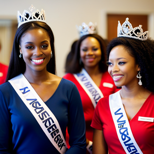 An image of a group of pageant titleholders volunteering at a local charity event, engaging with the community, and making a positive impact through service