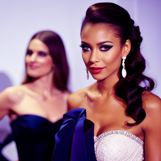 An image of a celebrity walking the red carpet in a glamorous gown, juxtaposed with a pageant contestant wearing a similar style gown on stage, showcasing the influence of celebrity style on pageant fashion