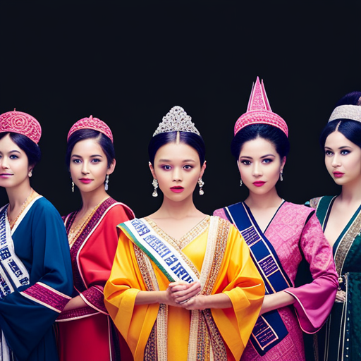 An image of a diverse lineup of pageant contestants wearing traditional cultural attire from different countries, showcasing the influence of cultural fashion in pageants