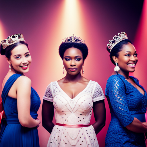 An image of a diverse group of confident, smiling women standing on a stage in elegant evening gowns, wearing crowns and sashes, exuding strength and empowerment through their regal presence