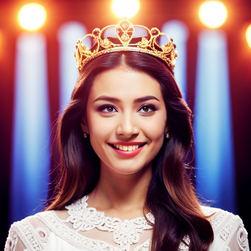 An image of a young woman standing on stage, smiling confidently with a crown on her head