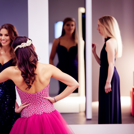 An image of a pageant contestant standing in front of a mirror, trying on different colored gowns