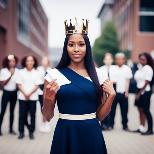 An image of a confident young woman wearing a crown and sash, holding a stack of books and standing in front of a school or university, with a group of diverse students cheering her on