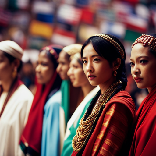 An image of a diverse group of women wearing traditional clothing from different cultures, standing on a stage with a backdrop of flags from various countries