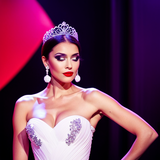An image of a confident pageant contestant standing on stage, radiating elegance and poise in a glamorous gown, with impeccable hair and makeup, showcasing their unique personal style
