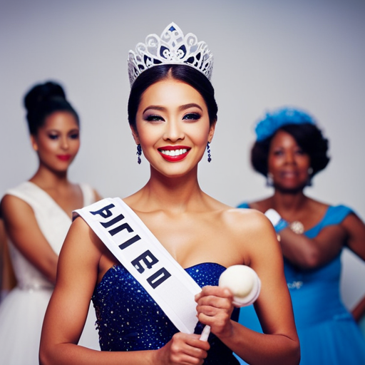 An image of a busy pageant contestant juggling multiple tasks, such as studying, practicing routines, and attending events, while also maintaining a healthy lifestyle and social life