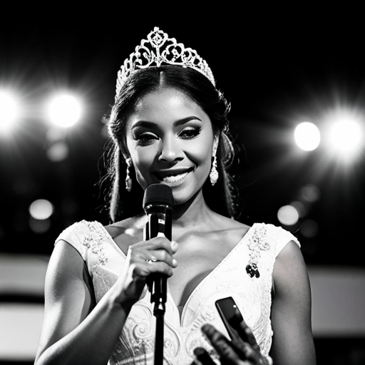An image of a confident pageant contestant standing at a podium, speaking to a crowd of supporters